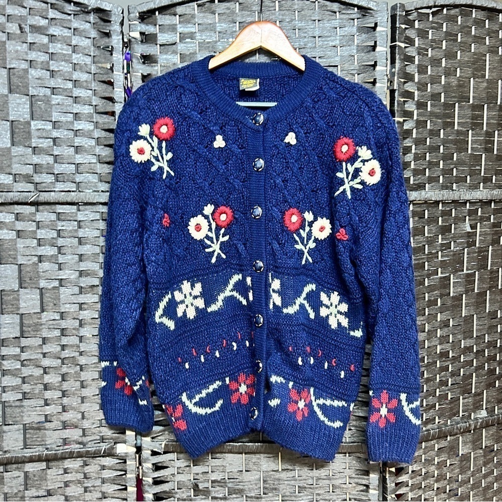 Sweaters Magna Deep Blue hand knit button up heavy cardigan medium